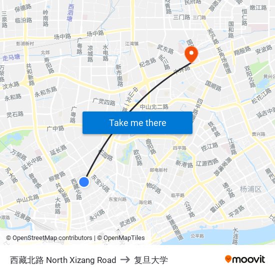 西藏北路 North Xizang Road to 复旦大学 map