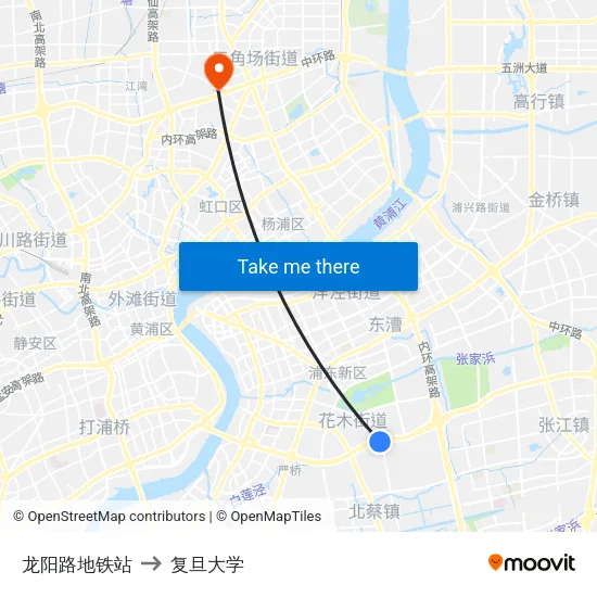 龙阳路地铁站 to 复旦大学 map