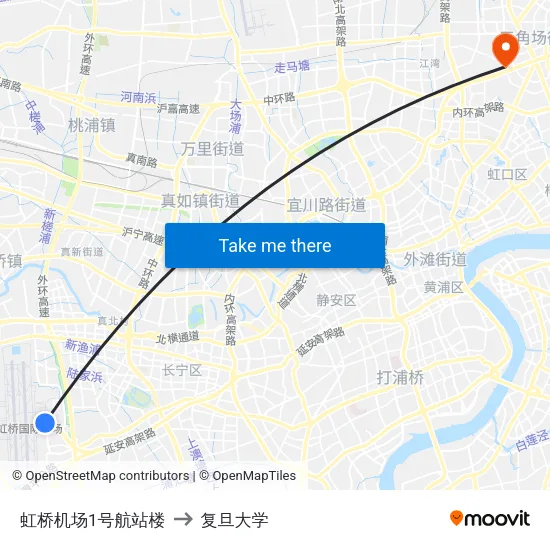 虹桥机场1号航站楼 to 复旦大学 map
