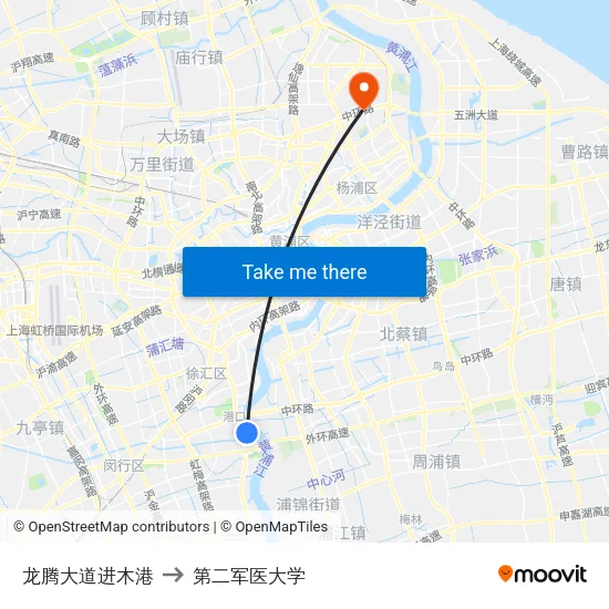 龙腾大道进木港 to 第二军医大学 map