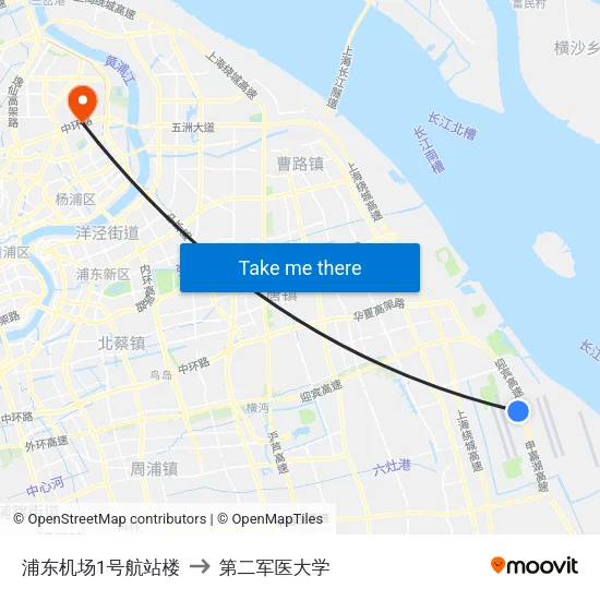 浦东机场1号航站楼 to 第二军医大学 map