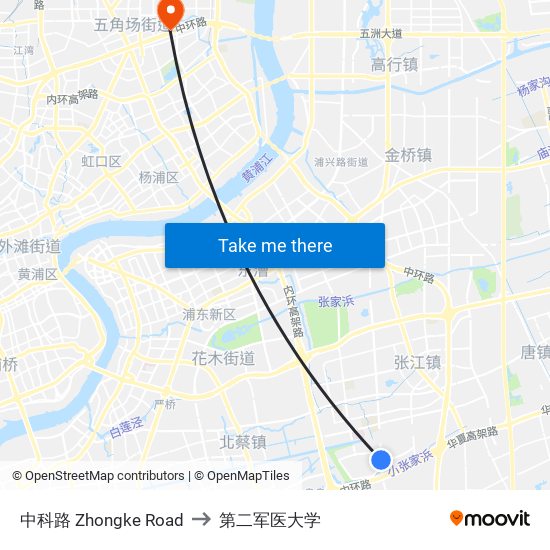 中科路 Zhongke Road to 第二军医大学 map