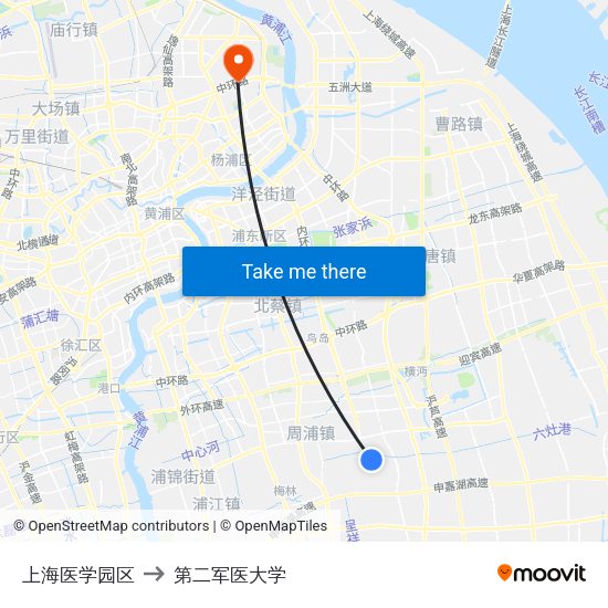 上海医学园区 to 第二军医大学 map