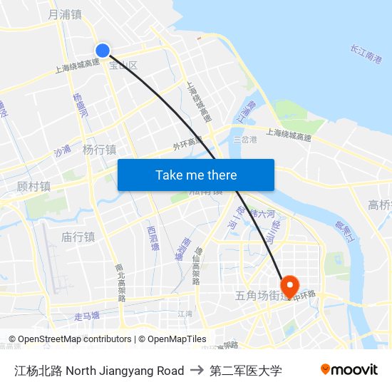 江杨北路 North Jiangyang Road to 第二军医大学 map