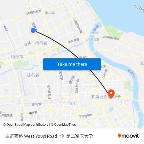 友谊西路 West Youyi Road to 第二军医大学 map