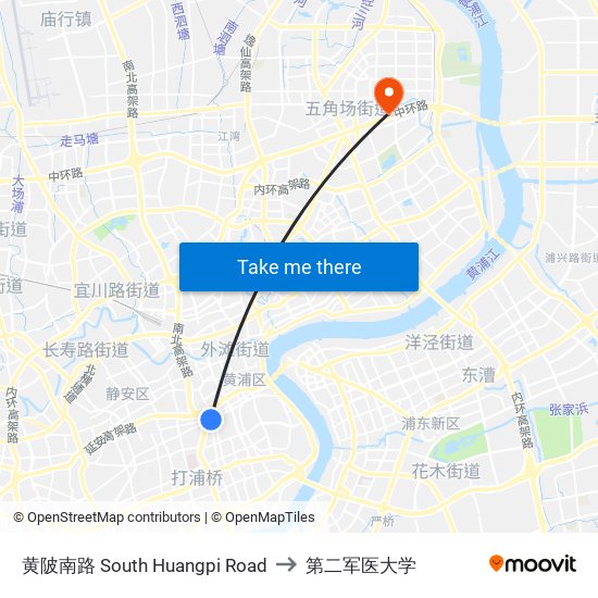 黄陂南路 South Huangpi Road to 第二军医大学 map