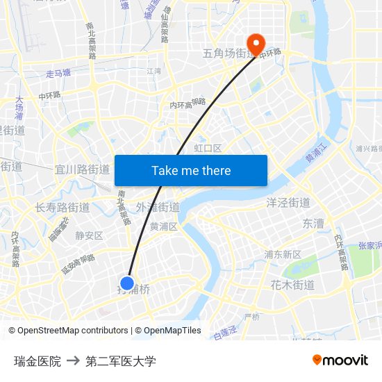 瑞金医院 to 第二军医大学 map