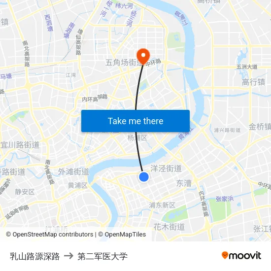 乳山路源深路 to 第二军医大学 map