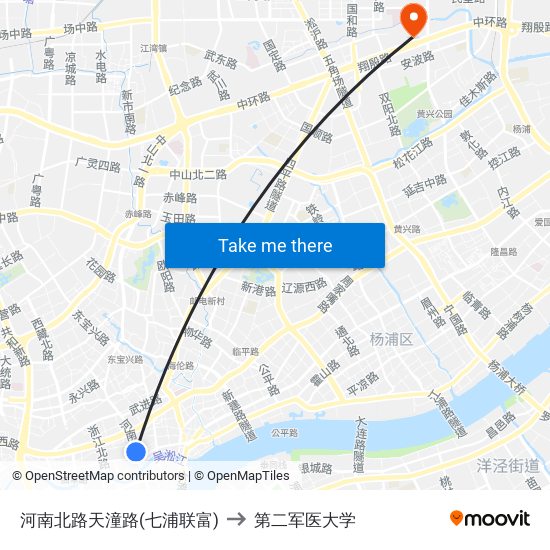 河南北路天潼路(七浦联富) to 第二军医大学 map