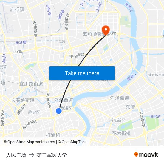 人民广场 to 第二军医大学 map