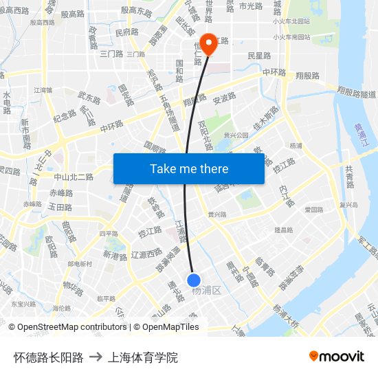 怀德路长阳路 to 上海体育学院 map