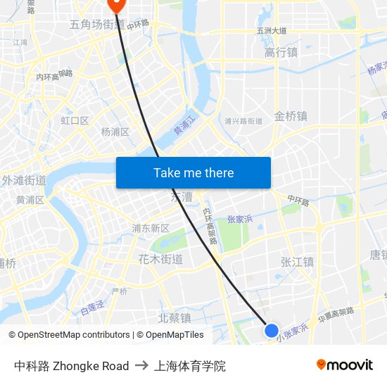 中科路 Zhongke Road to 上海体育学院 map