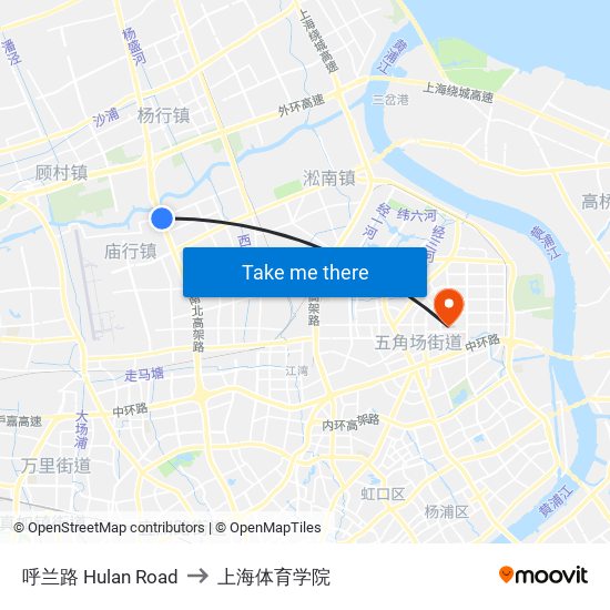 呼兰路 Hulan Road to 上海体育学院 map