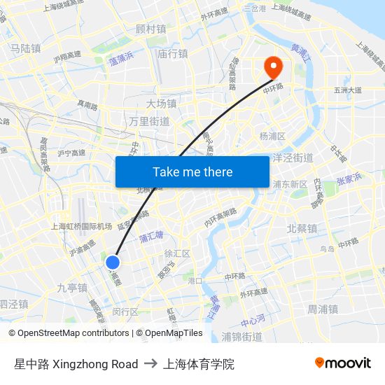 星中路 Xingzhong Road to 上海体育学院 map