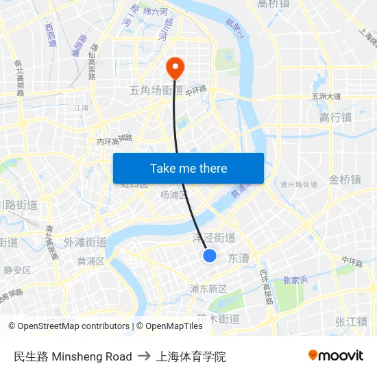 民生路 Minsheng Road to 上海体育学院 map