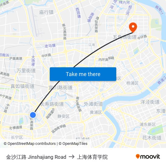 金沙江路 Jinshajiang Road to 上海体育学院 map