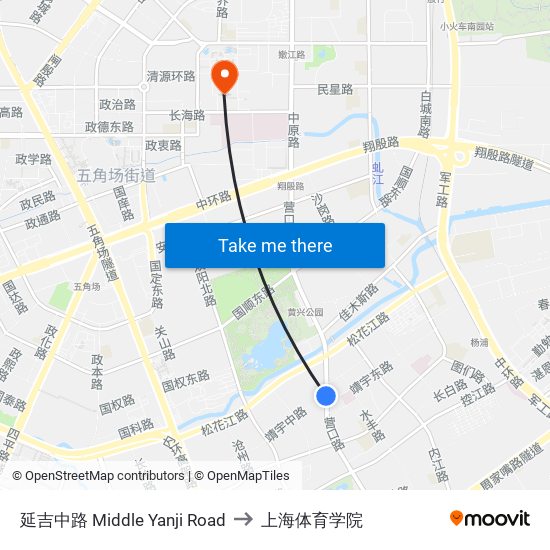 延吉中路 Middle Yanji Road to 上海体育学院 map