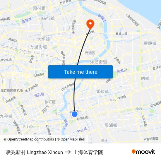 凌兆新村 Lingzhao Xincun to 上海体育学院 map