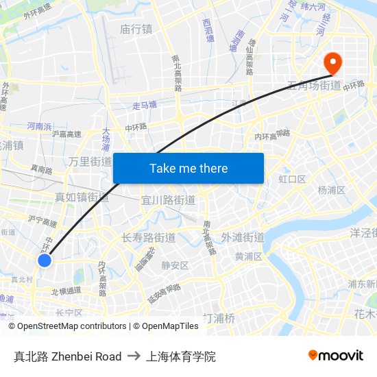 真北路 Zhenbei Road to 上海体育学院 map