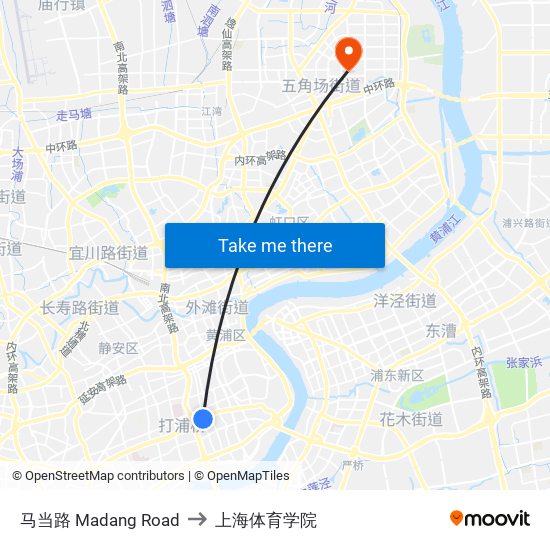 马当路 Madang Road to 上海体育学院 map