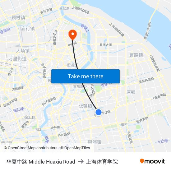 华夏中路 Middle Huaxia Road to 上海体育学院 map