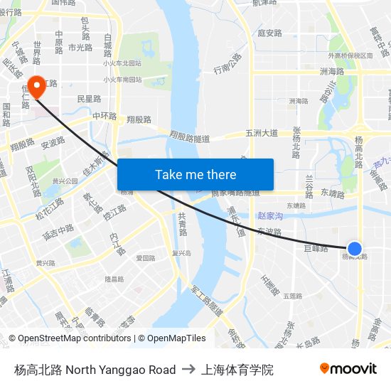 杨高北路 North Yanggao Road to 上海体育学院 map