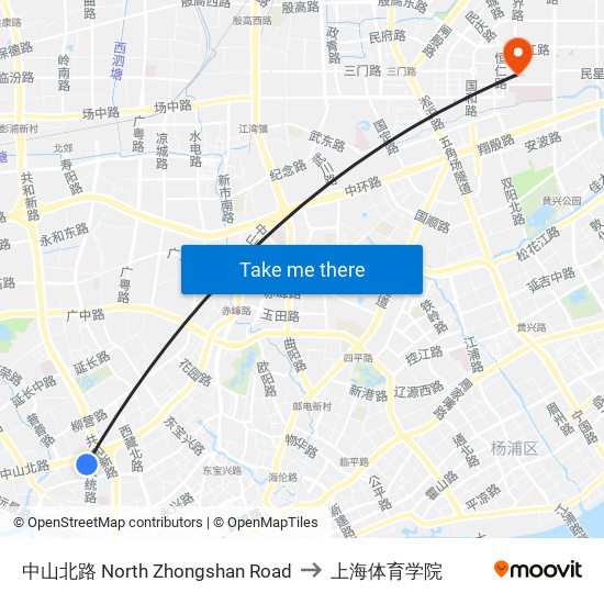 中山北路 North Zhongshan Road to 上海体育学院 map