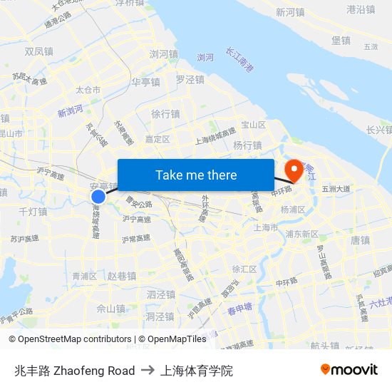 兆丰路 Zhaofeng Road to 上海体育学院 map