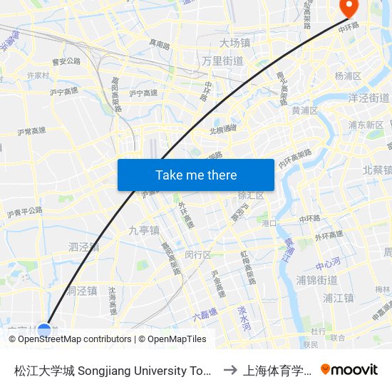 松江大学城 Songjiang University Town to 上海体育学院 map