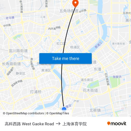 高科西路 West Gaoke Road to 上海体育学院 map