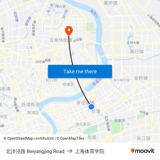 北洋泾路 Beiyangjing Road to 上海体育学院 map