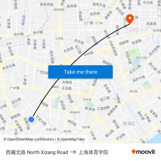 西藏北路 North Xizang Road to 上海体育学院 map