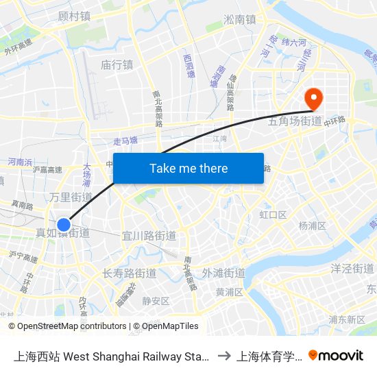 上海西站 West Shanghai Railway Station to 上海体育学院 map