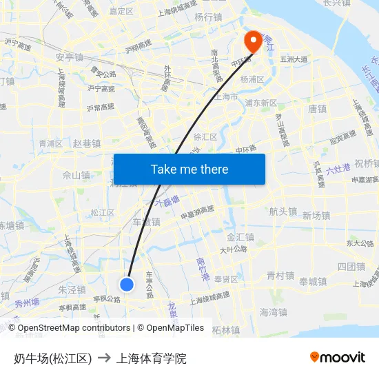 奶牛场(松江区) to 上海体育学院 map