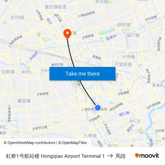 虹桥1号航站楼 Hongqiao Airport Terminal 1 to 馬陸 map