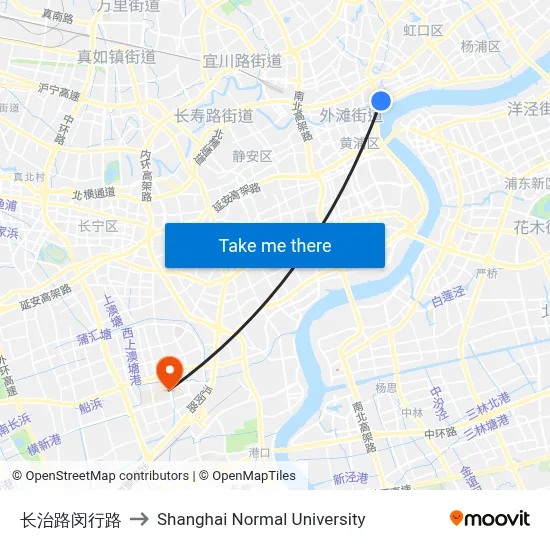 Changzhi Road - Minxing Road to Shanghai Normal University map