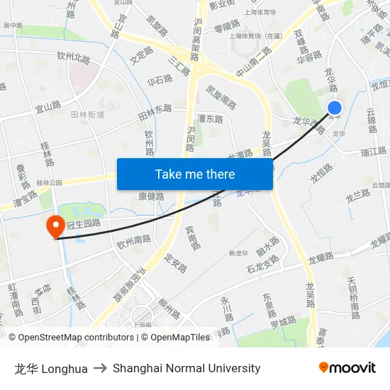 Longhua to Shanghai Normal University map