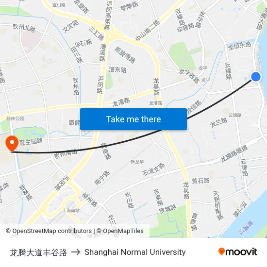 Longteng Avenue & Fenggu Road to Shanghai Normal University map