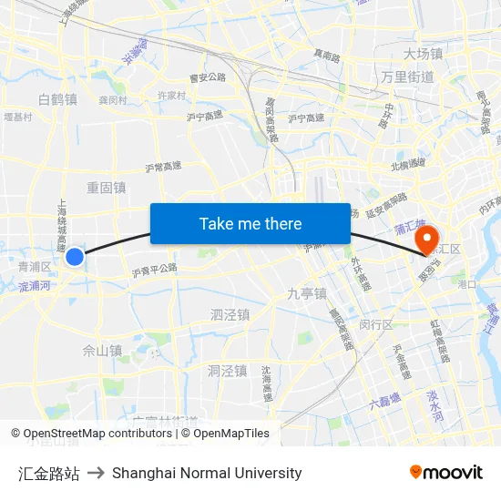Huijin Road Station to Shanghai Normal University map