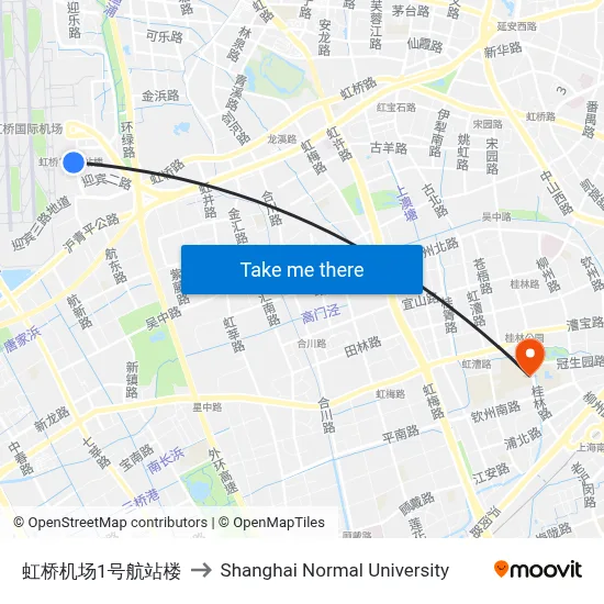 Hongqiao Airport Terminal 1 to Shanghai Normal University map