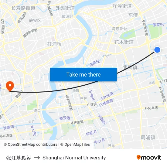 Zhangjiang Station to Shanghai Normal University map
