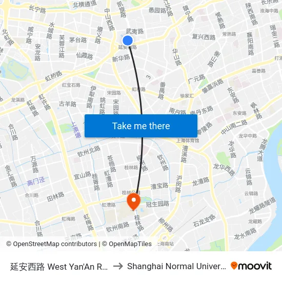 延安西路 West Yan'An Road to Shanghai Normal University map