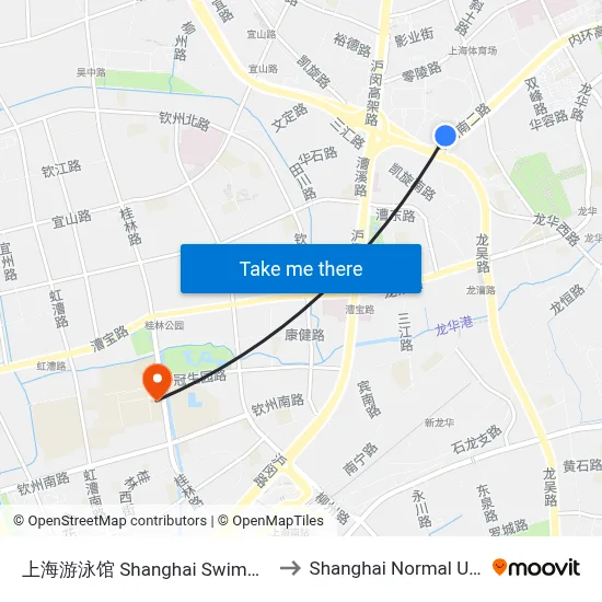 Shanghai Swimming Center to Shanghai Normal University map