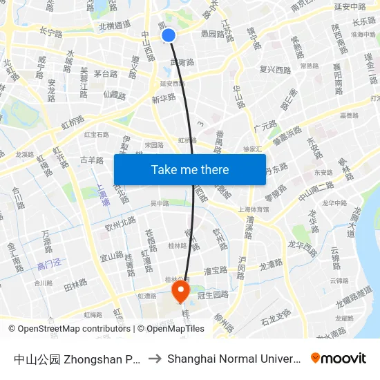 中山公园 Zhongshan Park to Shanghai Normal University map
