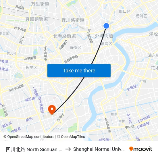 North Sichuan Road to Shanghai Normal University map