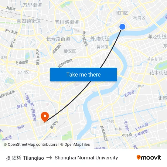 Tilanqiao to Shanghai Normal University map
