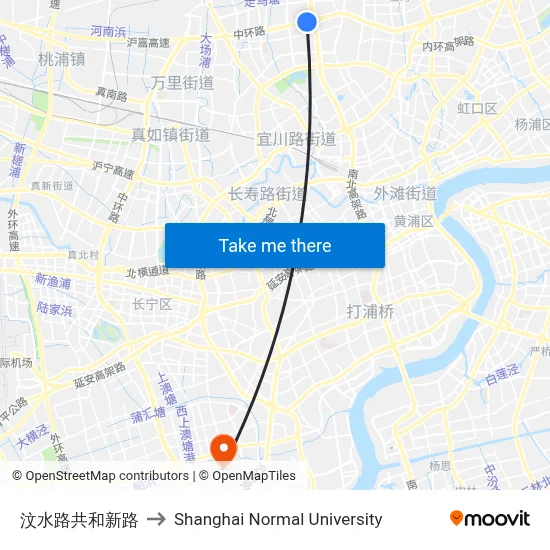 Wenshui Road and Gonghe New Road to Shanghai Normal University map