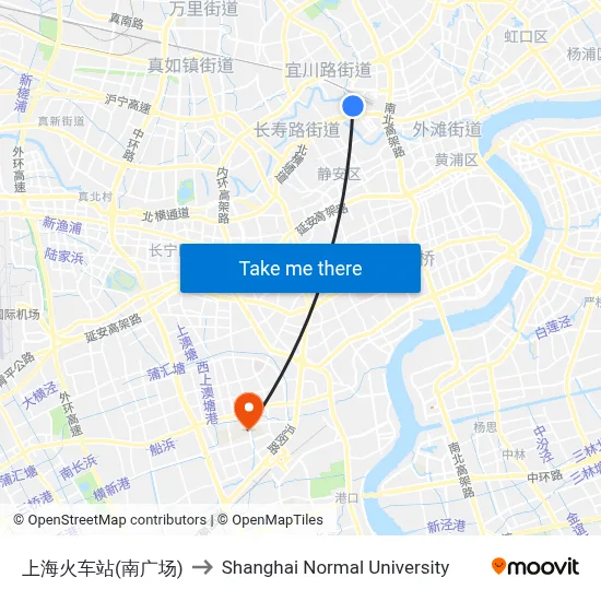 Shanghai Railway Station (South Plaza) to Shanghai Normal University map
