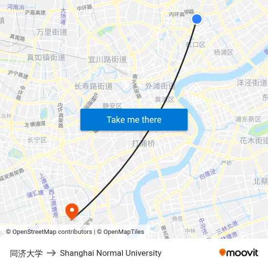 Tongji University to Shanghai Normal University map