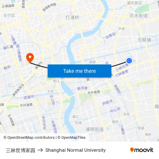 Sanlin World Expo Community to Shanghai Normal University map